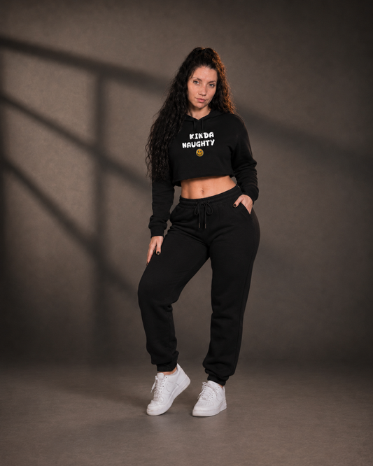 Kinda Naughty Cropped Hoodie — Women's Playful Smiley Graphic