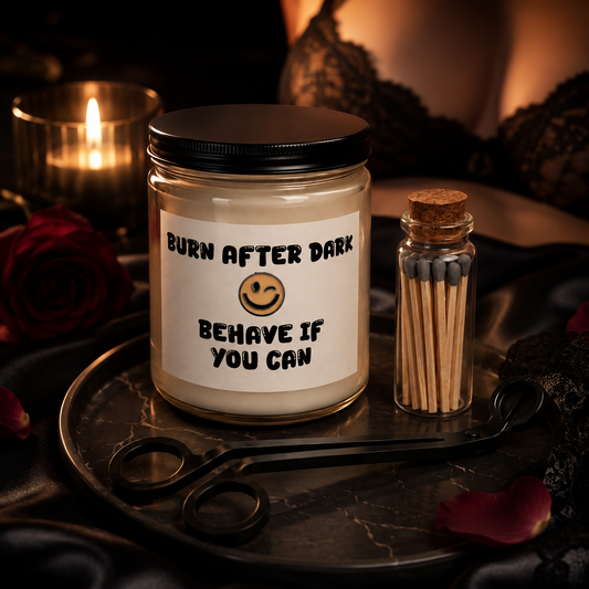 "Burn After Dark Behave If You Can" Candle Set — Unscented or Scented Jar with Matches & Wick Trimmer