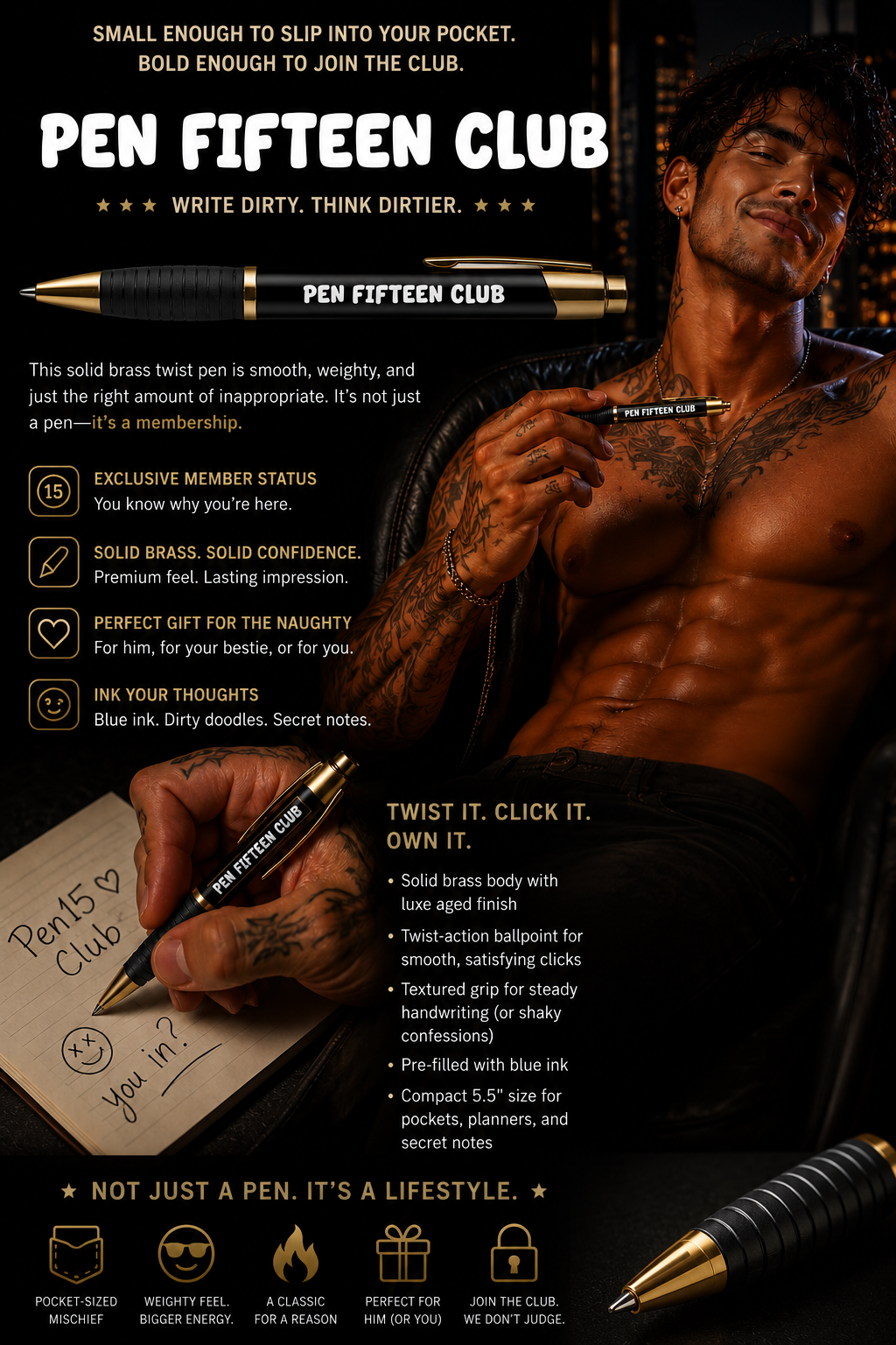 Gag Gift Pen Fifteen Club Brass Ballpoint Pen | Engraved Pen with Rubber Gripper