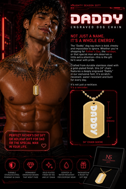Daddy Gold Dog Tag Necklace | Engraved Pendant on Ball Chain | Naughty Season